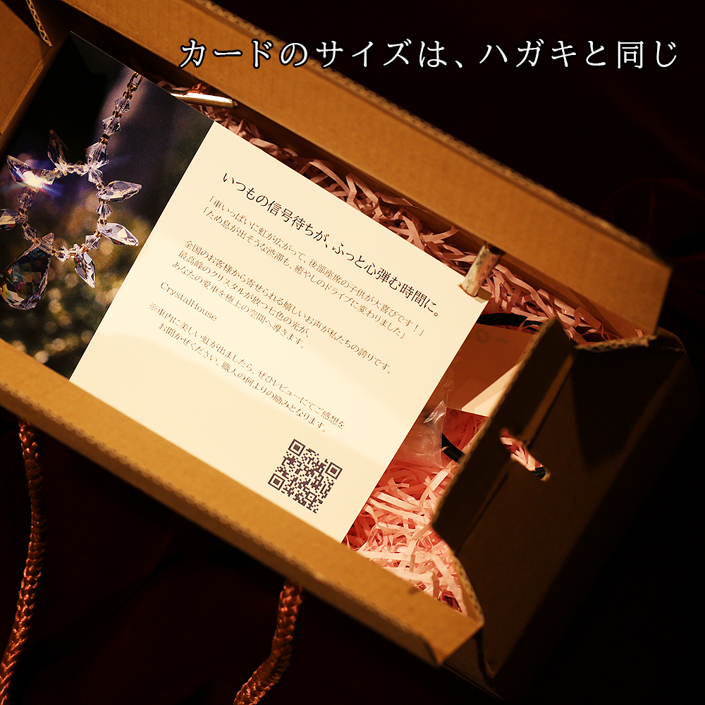 ハガキサイズの説明書が一番上に収まる、開閉可能な梱包ボックス